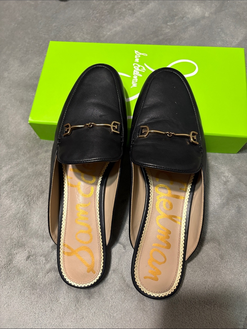 Sam Edelman Black Leather Backless Mules with Gold Bit